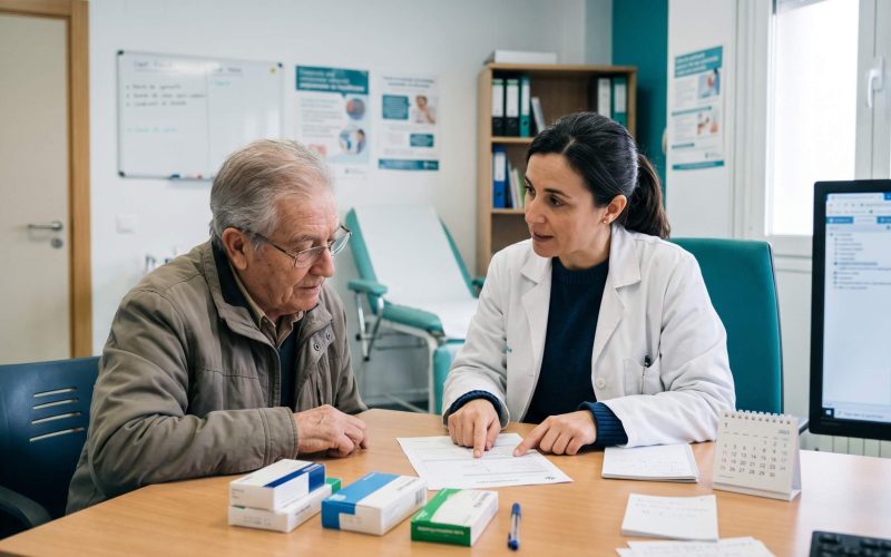 Farmacéutica de atención primaria revisando la medicación con una persona mayor en consulta.